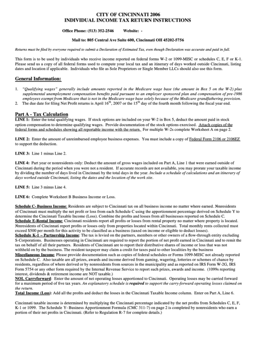 Individual Income Tax Return Instructions - City Of Cincinnati - 2006 Printable pdf