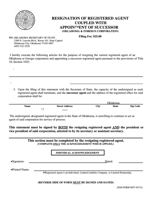Fillable Sos Form 0057 - Resignation Of Registered Agent Coupled With Appointment Of Successor - Oklahoma & Foreign Corporation Printable pdf
