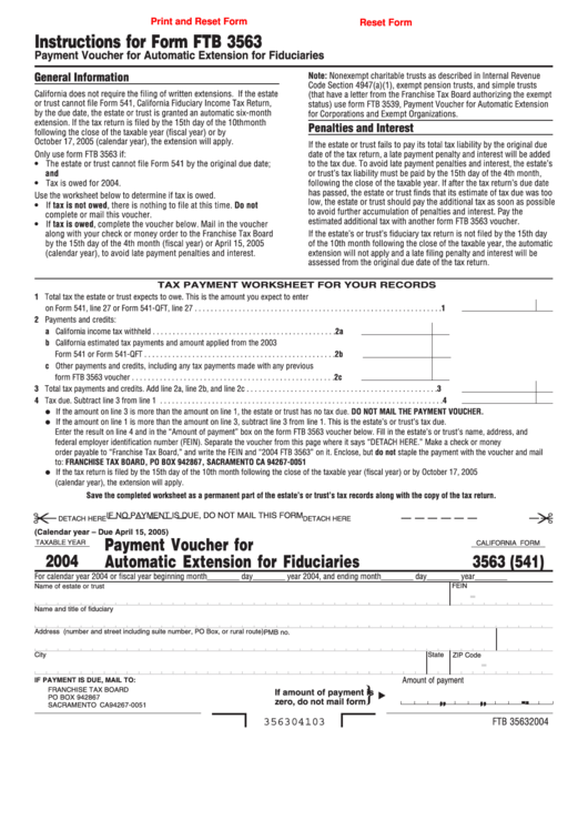 Fillable California Form 3563 (541) - Payment Voucher For Automatic Extension For Fiduciaries - 2004 Printable pdf