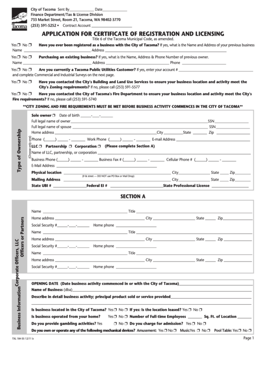 Form Txl 184 - Application For Certificate Of Registration And Licensing - City Of Taxoma, Washington Printable pdf