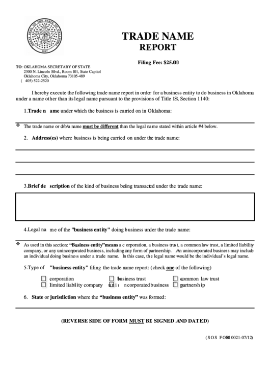 Fillable Sos Form 0021 - Trade Name Report - Oklahoma Secretary Of State Printable pdf