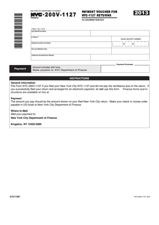 Form Nyc-200v-1127 - Payment Voucher For Nyc-1127 Returns - 2013 Printable pdf