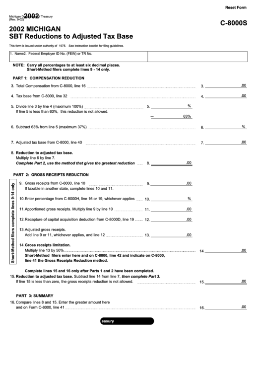 Fillable Form C-8000s - Michigan Sbt Reductions To Adjusted Tax Base - 2002 Printable pdf