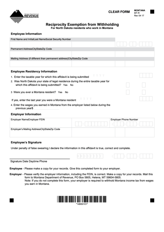 Fillable Montana Form Mt-R - Reciprocity Exemption From Withholding For North Dakota Residents Who Work In Montana - 2016 Printable pdf