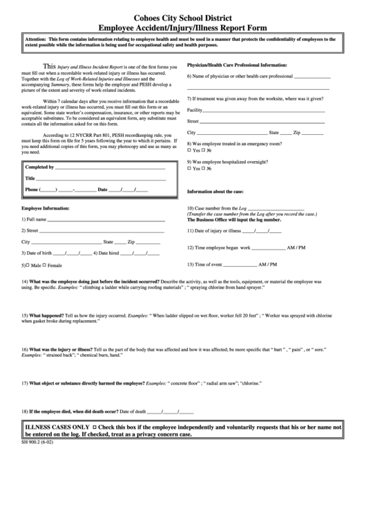 Employee Accident/injury/illness Report Form - Cohoes City School District Printable pdf