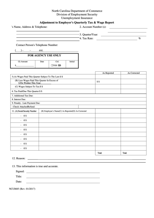 Fillable Form Ncui 685 - Adjustment To Employer