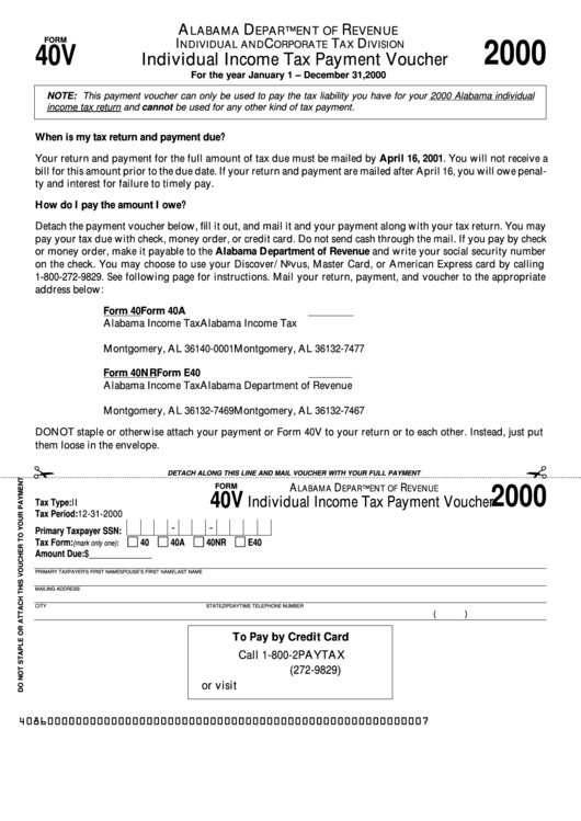 Form 40v - Individual Income Tax Payment Voucher - 2000 Printable pdf