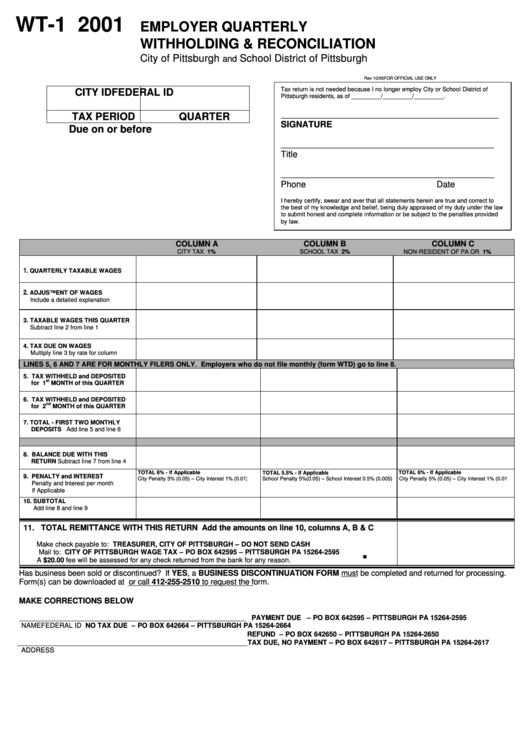 Form Wt-1 - Employer Quarterly Withholding & Reconciliation - 2001 Printable pdf