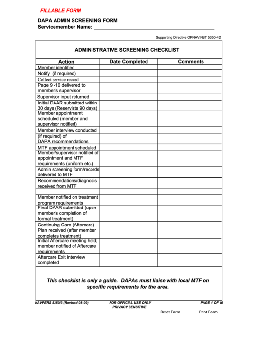 Fillable Form Navpers 5350/3 - Dapa Admin Screening Form - Navpers Form Printable pdf
