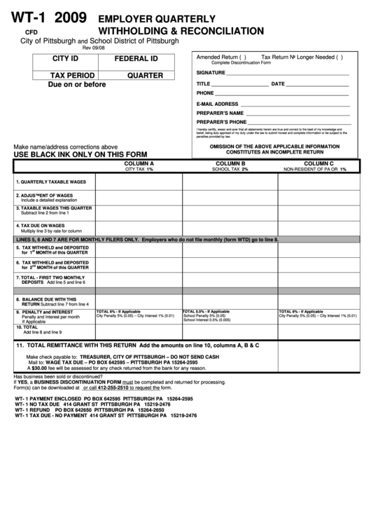Form Wt-1 - Employer Quarterly Withholding & Reconciliation - 2009 Printable pdf