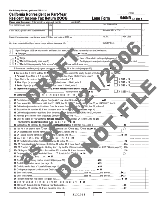 Form 540nr C1 Draft - California Nonresident Or Part-Year Resident Income Tax Return 2006 Printable pdf