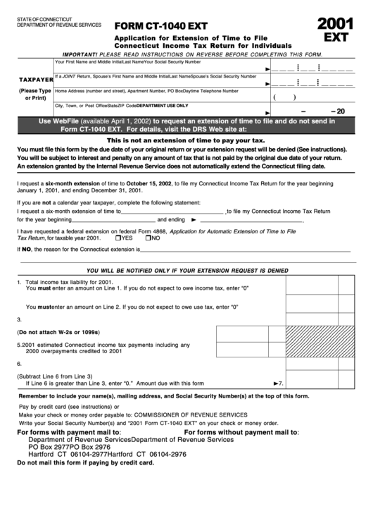 Form Ct-1040 Ext - Application For Extension Of Time To File Connecticut Income Tax Return For Individuals Printable pdf