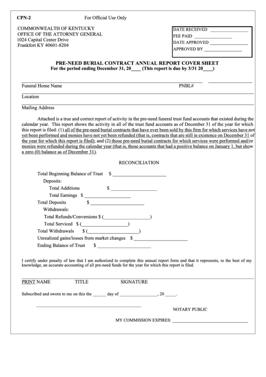 Form Cpn-2 - Pre-Need Burial Contract Annual Report Cover Sheet - Commonwealth Of Kentucky Office Of The Attorney General Printable pdf