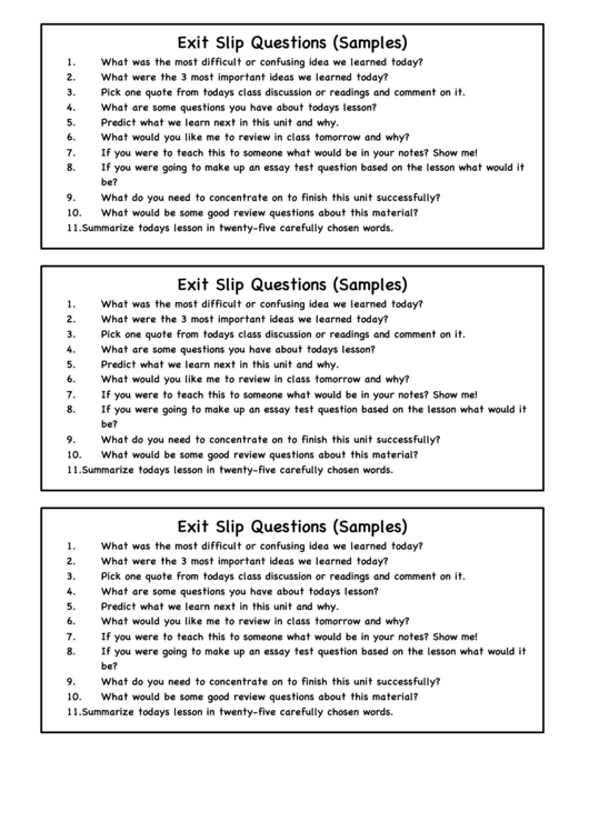Exit Slip Questions (Samples) Template Printable pdf