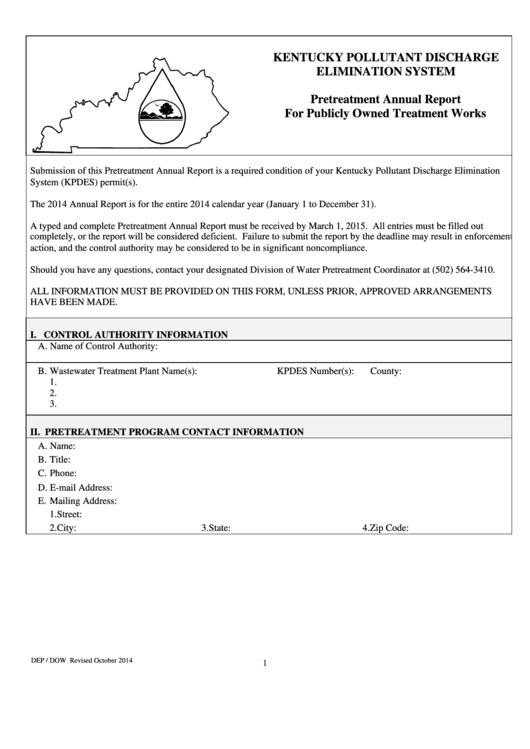 Form Dep / Dow - Pretreatment Annual Report For Publicly Owned Treatment Works - Kentucky Pollutant Discharge Elimination System - 2014 Printable pdf