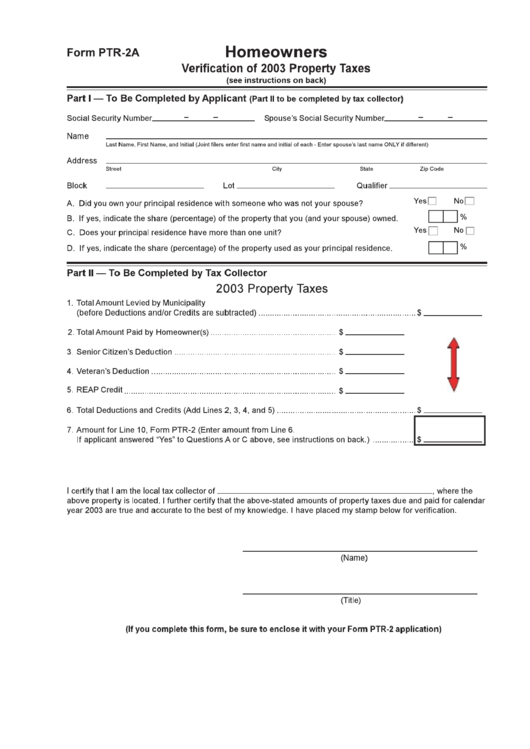 Form Ptr-2a - Homeowners - Verification Of 2003 Property Taxes Printable pdf