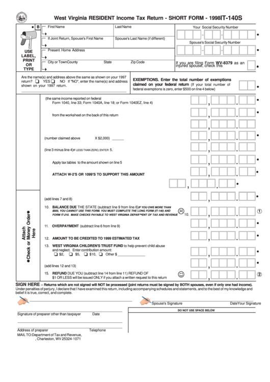 Fillable Form It-140s - West Virginia Resident Income Tax Return - Short Form - 1998 Printable pdf