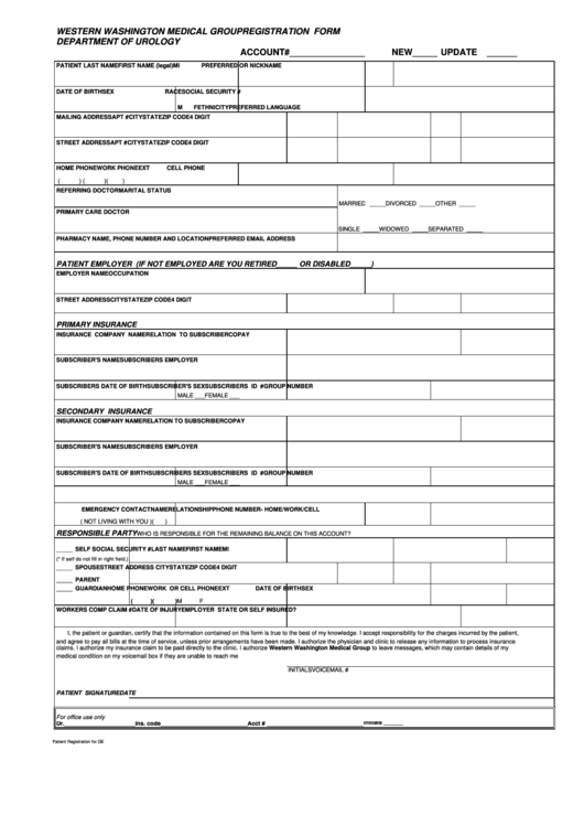 Western Washington Medical Group Department Of Urology - Registration Form Printable pdf