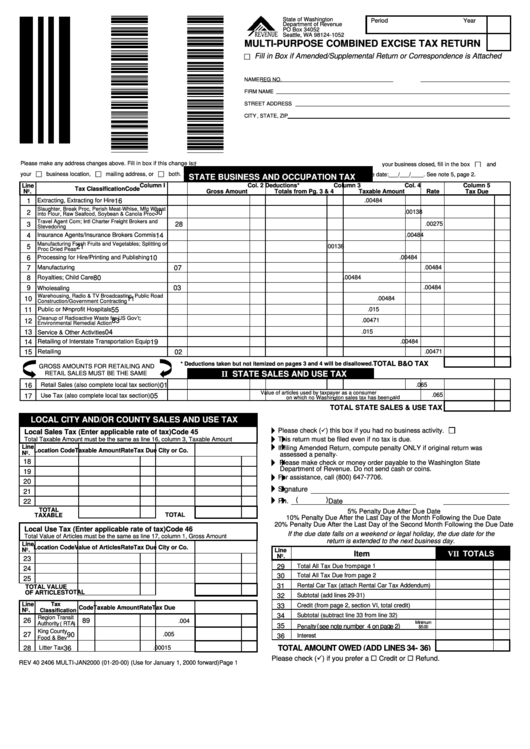 Multi-Purpose Combined Excise Tax Return Form - Washington Department Of Revenue Printable pdf