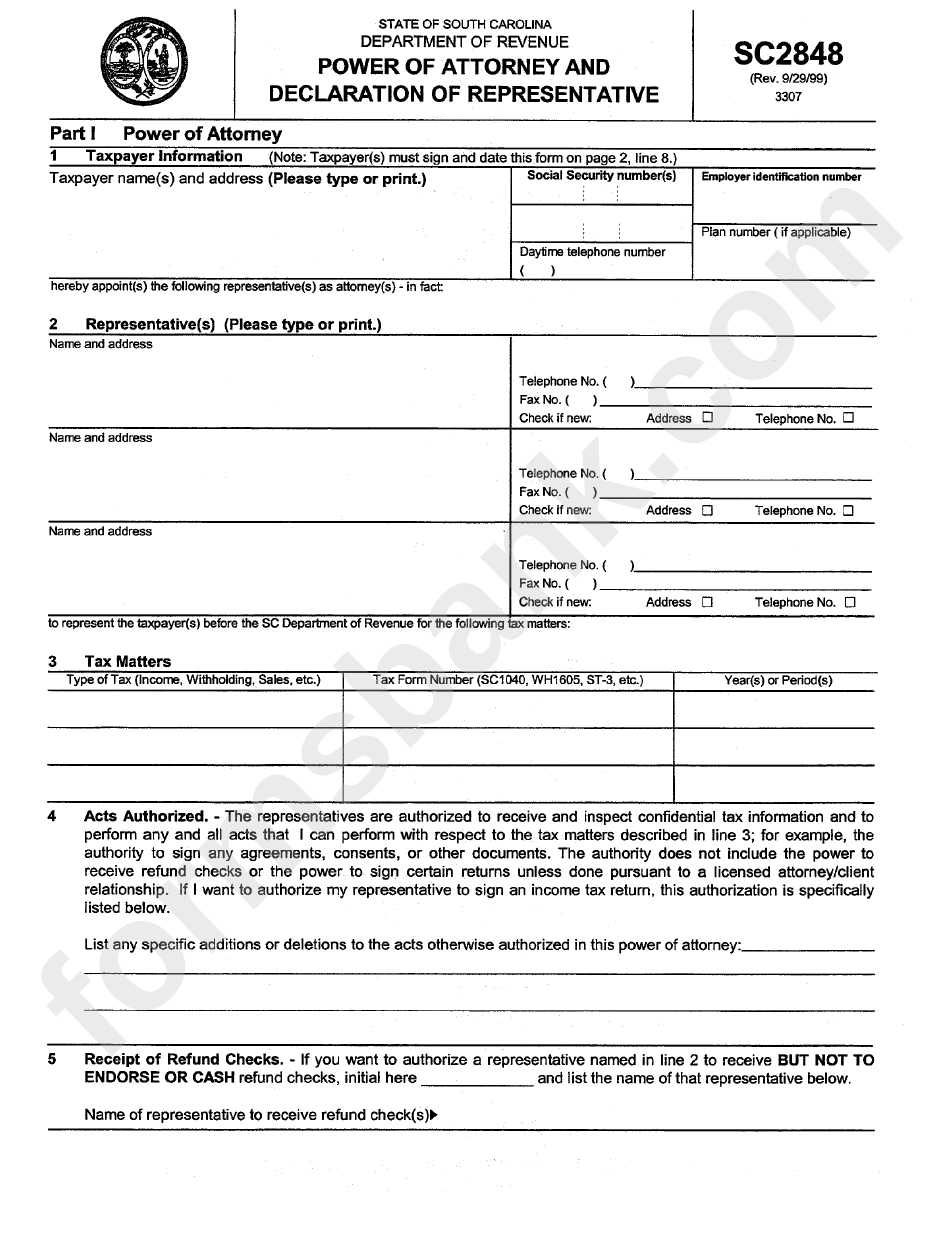Form Sc2848 - Power Of Attorney And Declaration Of Representative