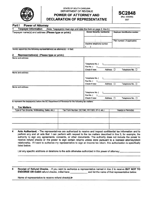 Form Sc2848 - Power Of Attorney And Declaration Of Representative Printable pdf