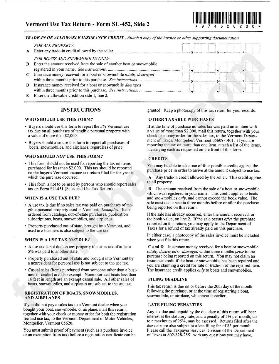 Vermont Use Tax Return - Form Su-452 Instructions