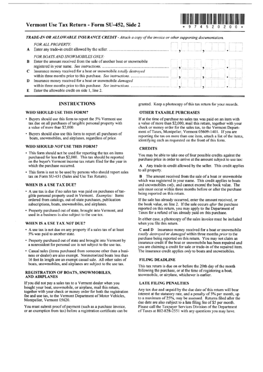 Vermont Use Tax Return - Form Su-452 Instructions Printable pdf