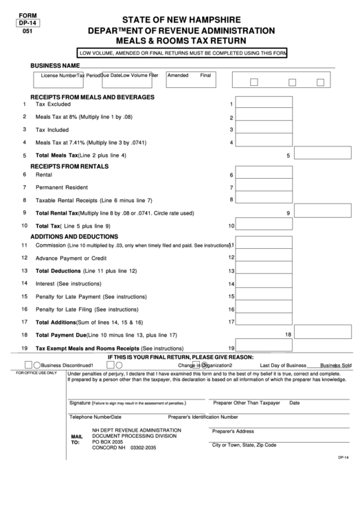Fillable Form Dp-14 - Meals & Rooms Tax Return Printable pdf