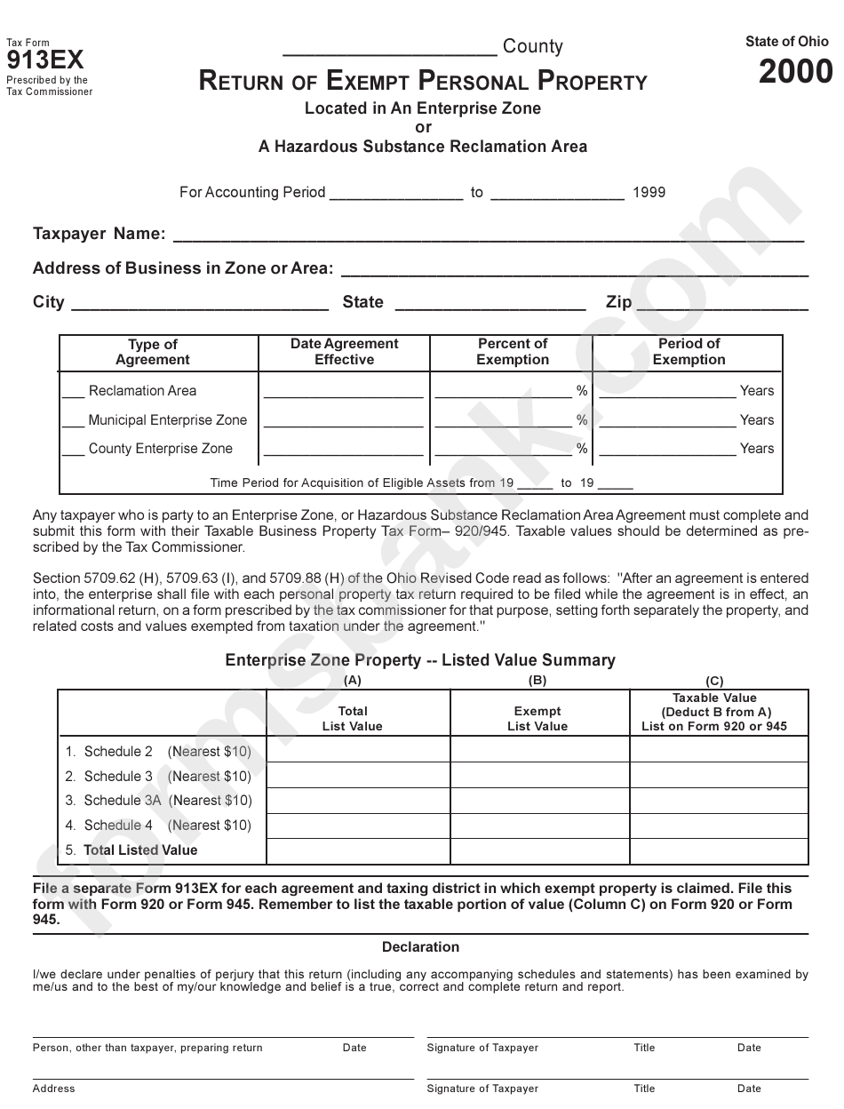 Tax Form 913ex - Return Of Exempt Personal Property - 2000