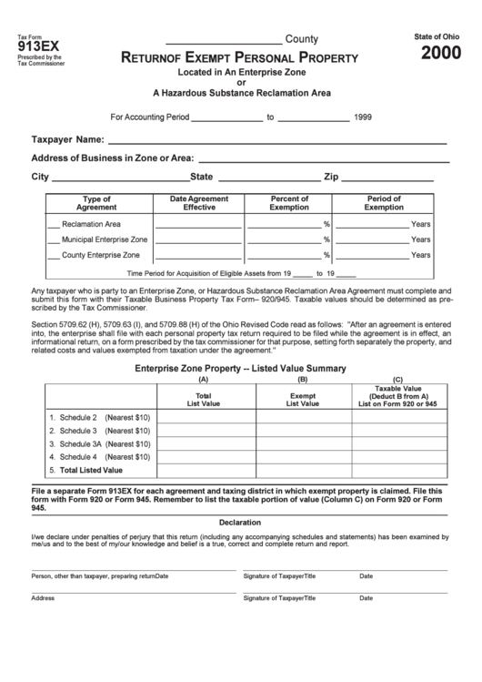 Tax Form 913ex - Return Of Exempt Personal Property - 2000 Printable pdf