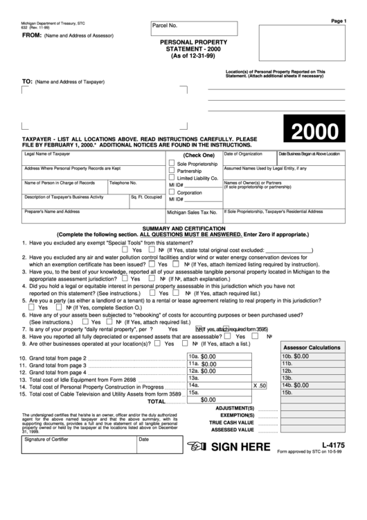 Fillable Form L-4175 - Personal Property Statement - 2000 Printable pdf