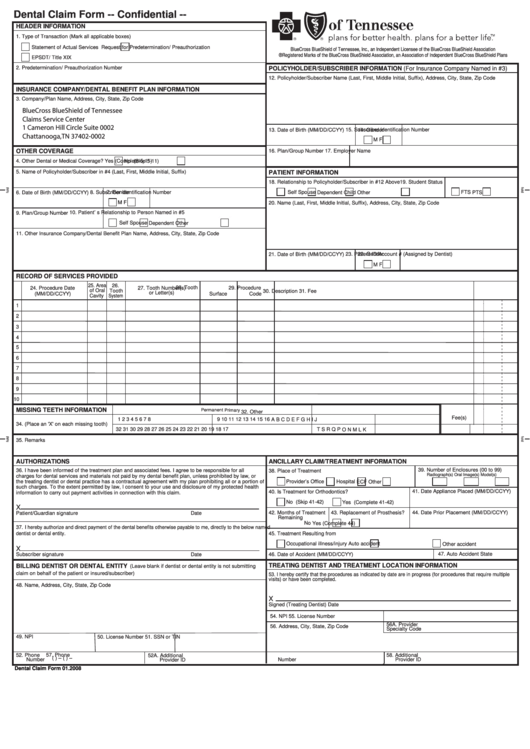Confidential Dental Claim Form Printable pdf