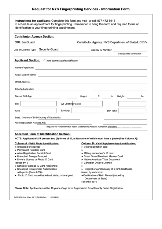 Fillable Form Dos1870-F-L-A - Request For Nys Fingerprinting Services - Information Form Printable pdf