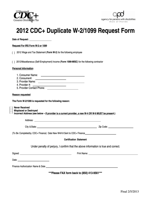 Cdc+ Duplicate W-2/1099 Request Form Printable pdf