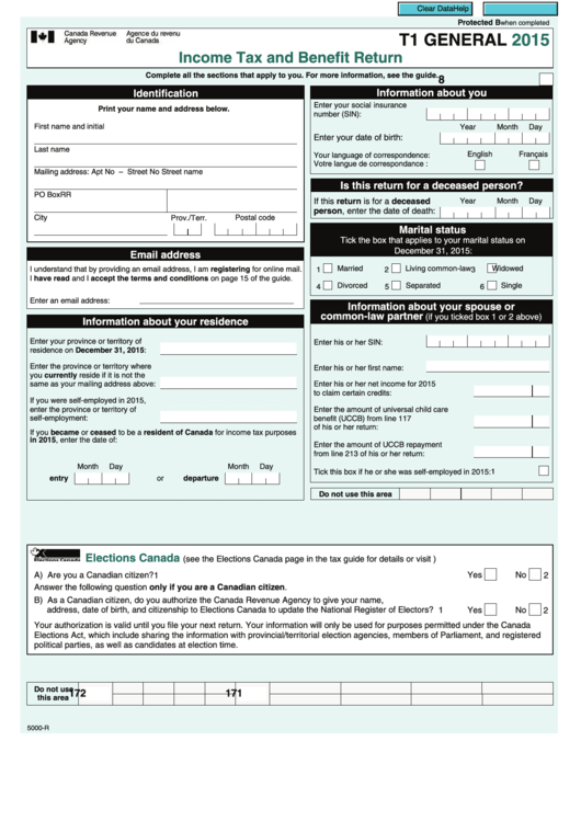 Form T1 General - Income Tax And Benefit Return - 2015 Printable pdf