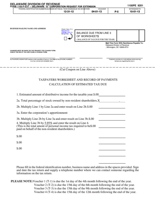 Fillable Form 1100-P-Ext - Delaware "S" Corporation Request For Extension Printable pdf
