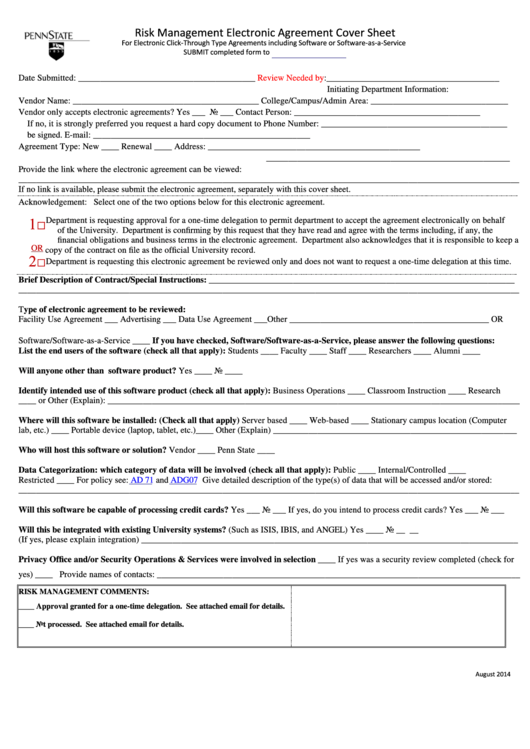 Risk Management Electronic Agreement Cover Sheet
