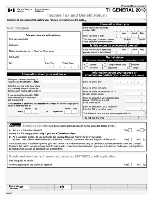 Form T1 General - Income Tax And Benefit Return - 2013 Printable pdf