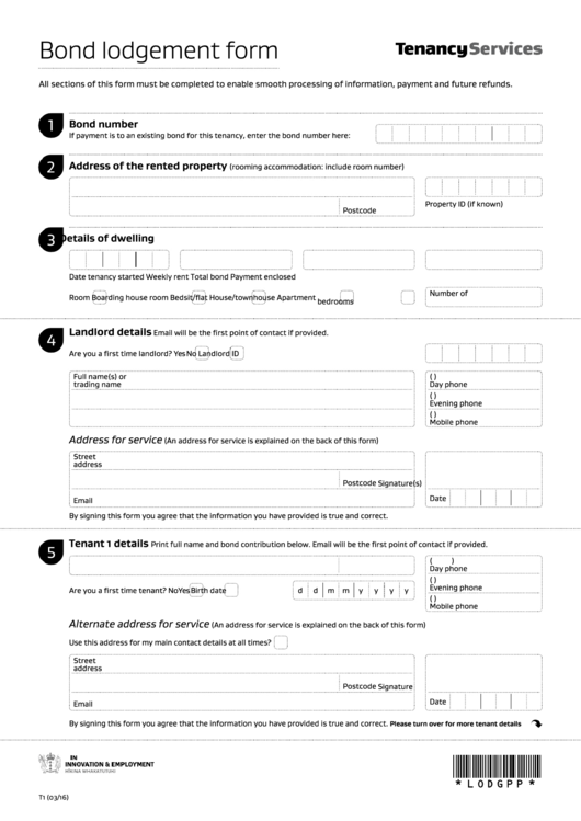 Fillable Form T1 - Bond Lodgement Form Printable pdf