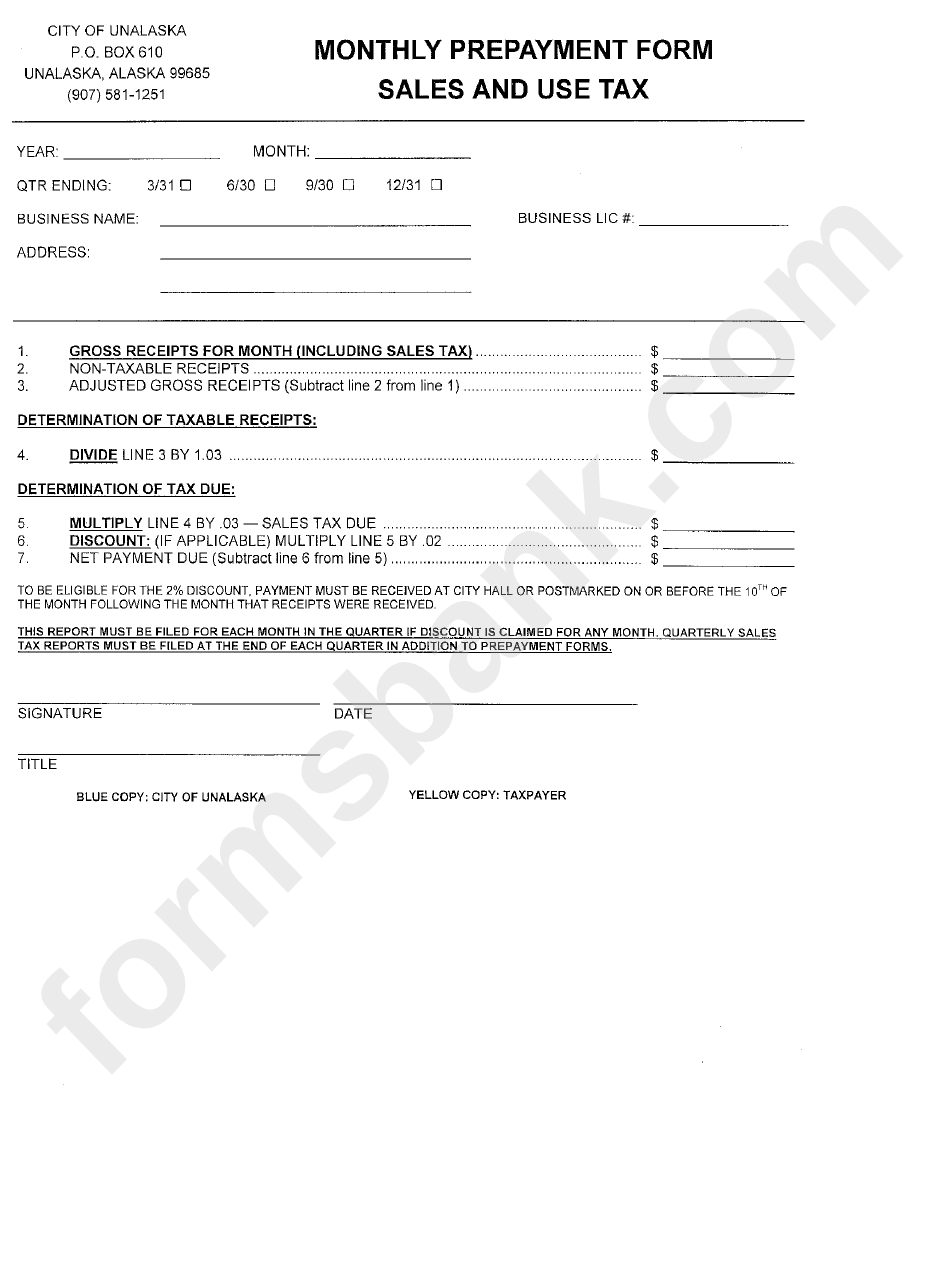 Monthly Prepayment Form Sales And Use Tax City Of Unalaska