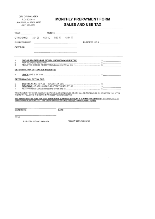 Monthly Prepayment Form Sales And Use Tax City Of Unalaska