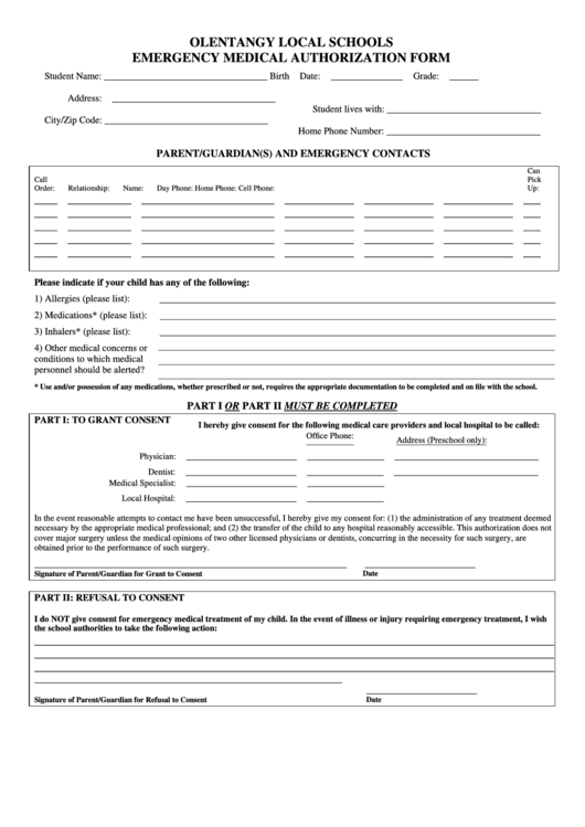 Emergency Medical Authorization Form Printable pdf