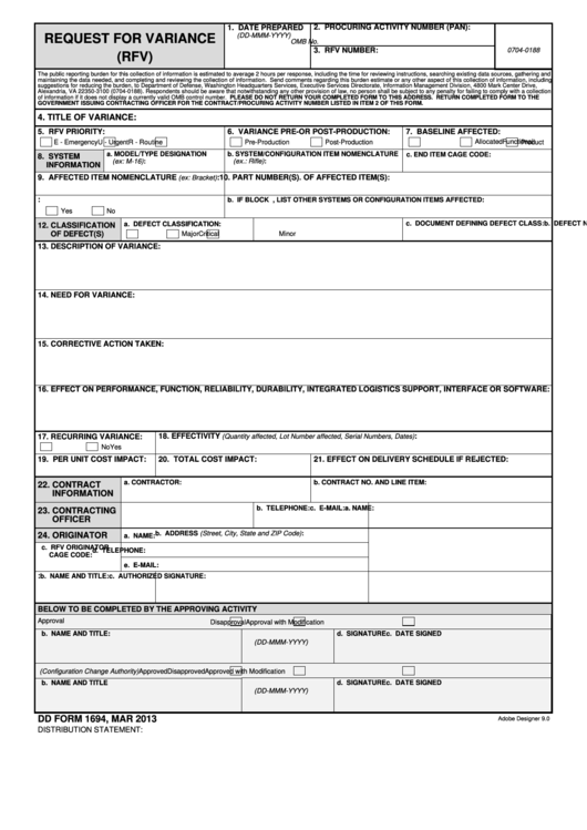 Fillable Dd Form 1694 - Request For Variance (Rfv) printable pdf download