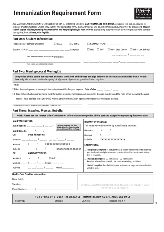 Immunization Requirement Form Printable pdf