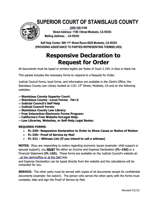 Form Fl-320 - Responsive Declaration To Request For Order - Superior Court Of Stanislaus County Printable pdf
