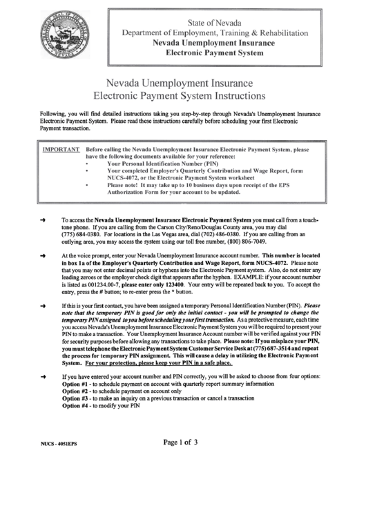 Instructions For Form Nucs-4051eps - Nevada Unemployment Insurance - Electronic Payment System ...