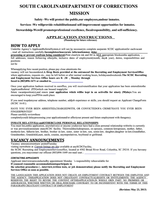 Employment Application - South Carolina Department Of Corrections Printable pdf