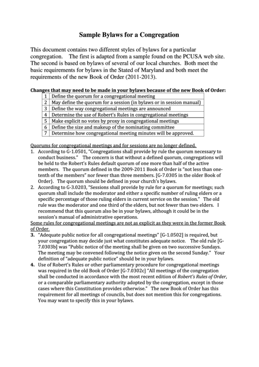 Sample Bylaws For A Congregation printable pdf download