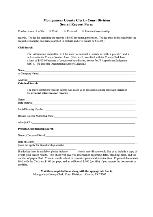 Search Request Form - Montgomery County Clerk - Court Division Printable pdf