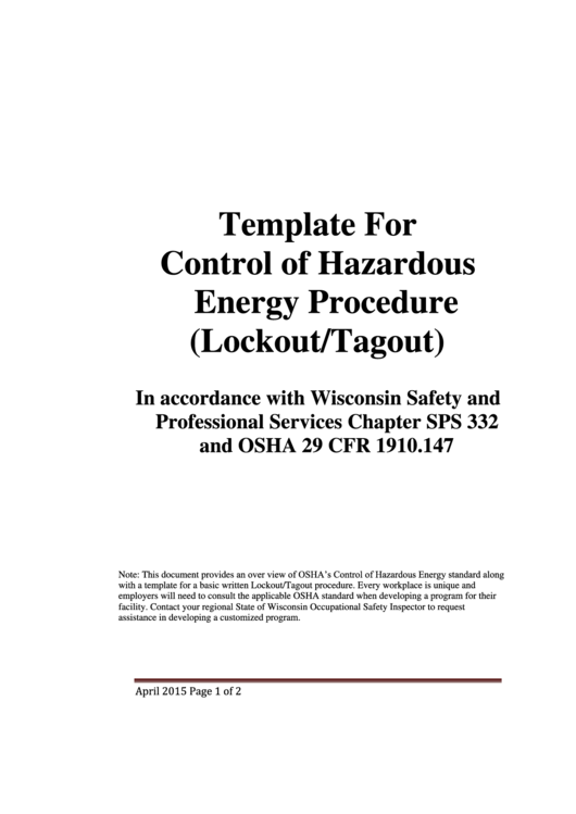 Template For Control Of Hazardous Energy Procedure (Lockout/tagout) Printable pdf